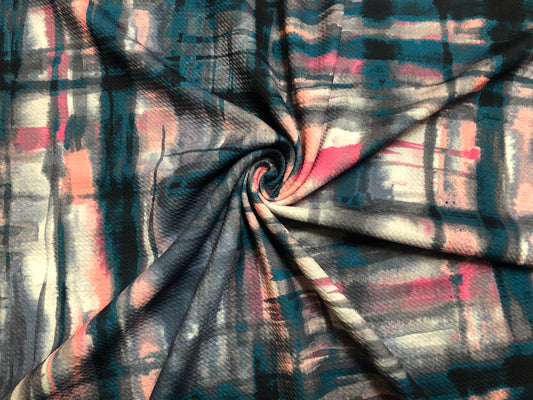 Bullet Knit Fabric – Brushstroke Plaid Print in Teal, Charcoal, Pink & White, 56″ Wide, Sold by the Yard (BPR053)