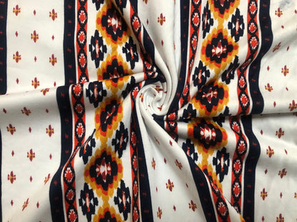 Ivory Red Blue Azteca Stripes DTY Double Brushed Jersey Print Fabric