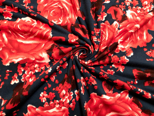 DTY Brushed Fabric-Black Red White Bloomed Roses-DTYBPR304-Sold by the Yard-Jersey Fabric