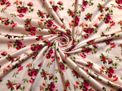 Pink Maroon Olive Small Roses DTY Double Brushed Jersey Print Fabric