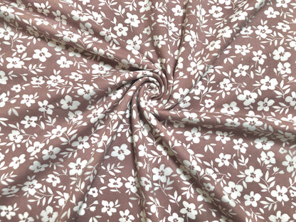 Mauve White Flowers DTY Double Brushed Jersey Print Fabric