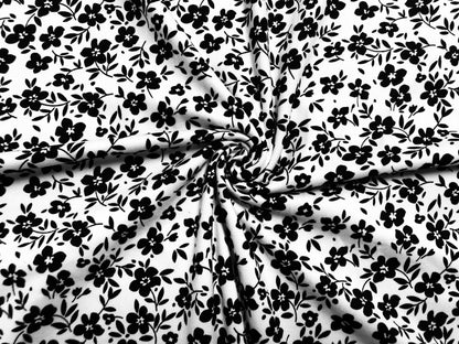 White Black Flowers DTY Double Brushed Jersey Print Fabric