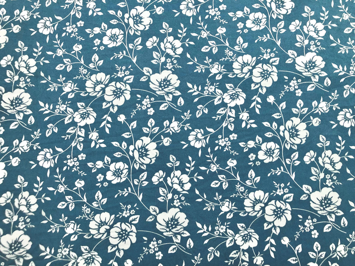 Denim Blue White Flowers DTY Double Brushed Jersey Print Fabric