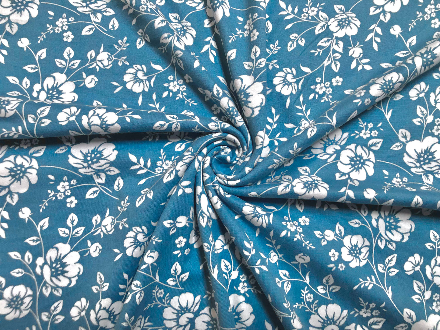 Denim Blue White Flowers DTY Double Brushed Jersey Print Fabric