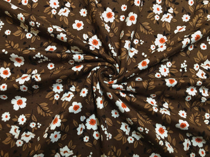 DTY Brushed Fabric-Brown Brick White Flowers-DTYBPR344-Sold by the Yard-Jersey Fabric