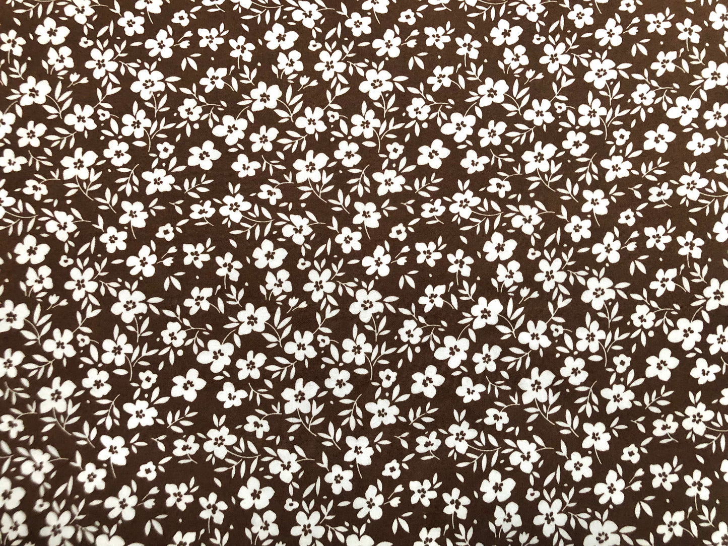 Dark Brown White Flowers DTY Double Brushed Jersey Print Fabric