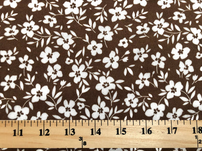 Dark Brown White Flowers DTY Double Brushed Jersey Print Fabric