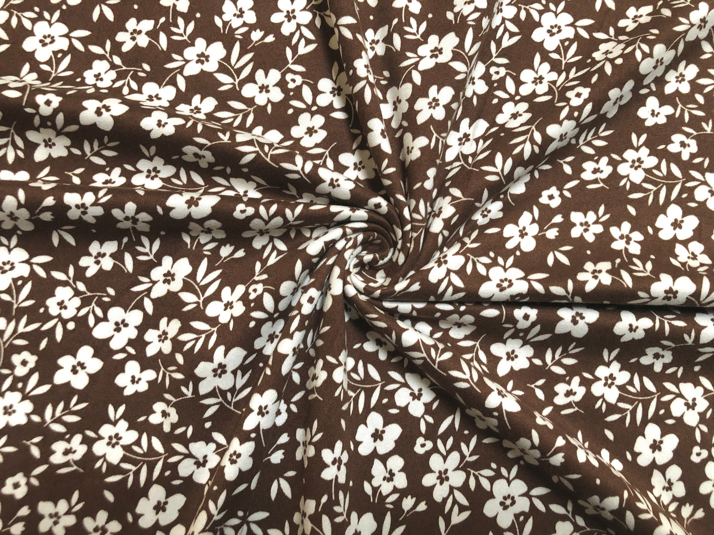 Dark Brown White Flowers DTY Double Brushed Jersey Print Fabric