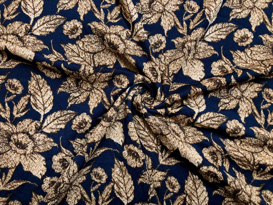 Navy Blue Brown Winter Flowers Liverpool Print Fabric