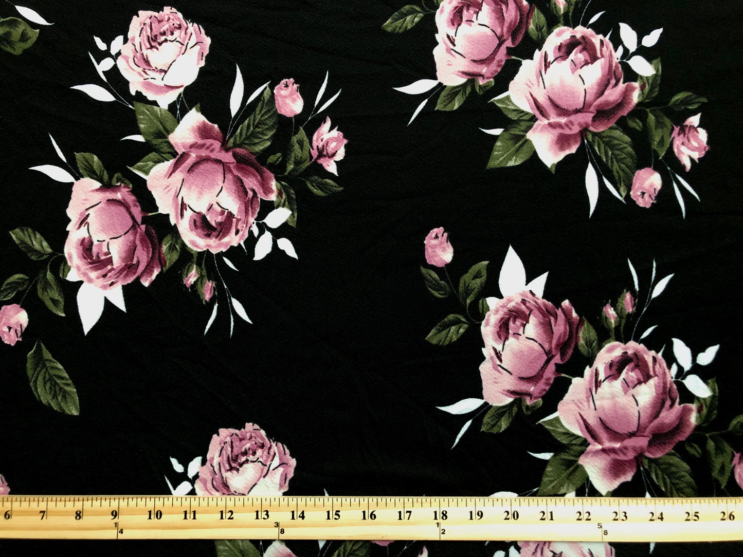 Black Purple White Roses Liverpool Print Fabric