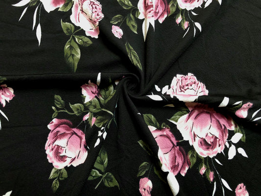 Black Purple White Roses Liverpool Print Fabric