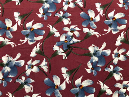 Burgundy Blue Ivory Flowers Liverpool Print Fabric