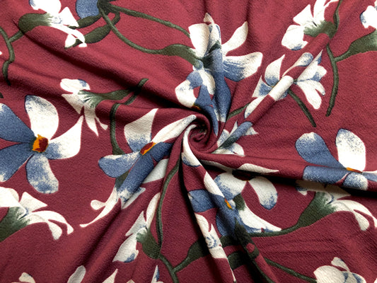 Burgundy Blue Ivory Flowers Liverpool Print Fabric