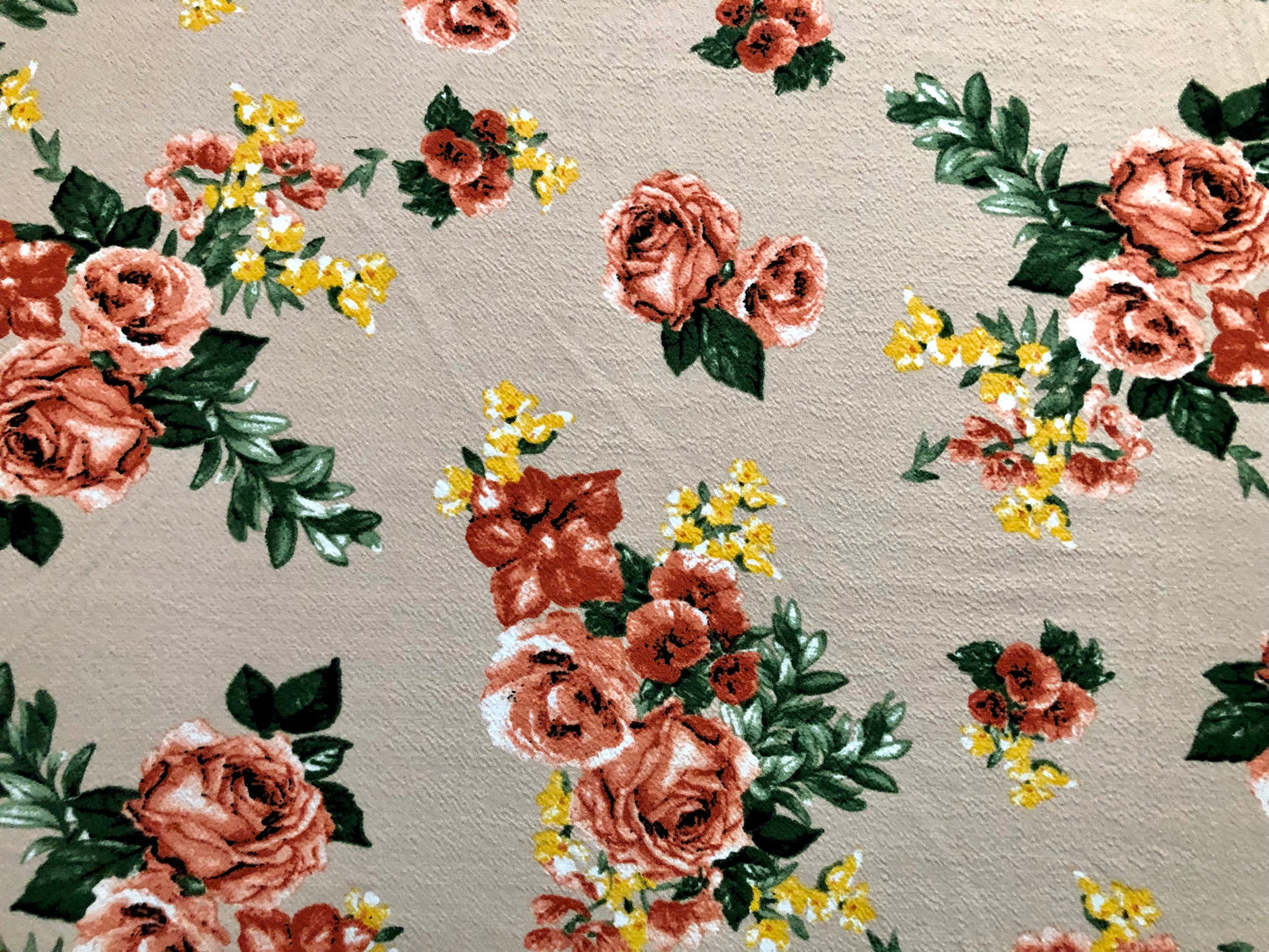 Liverpool Knit Printed Fabric-Beige Red Yellow Green Roses-LVPR274-Sold by the Yard-Apparel Fabric