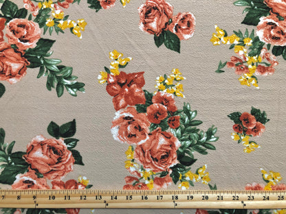 Liverpool Knit Printed Fabric-Beige Red Yellow Green Roses-LVPR274-Sold by the Yard-Apparel Fabric