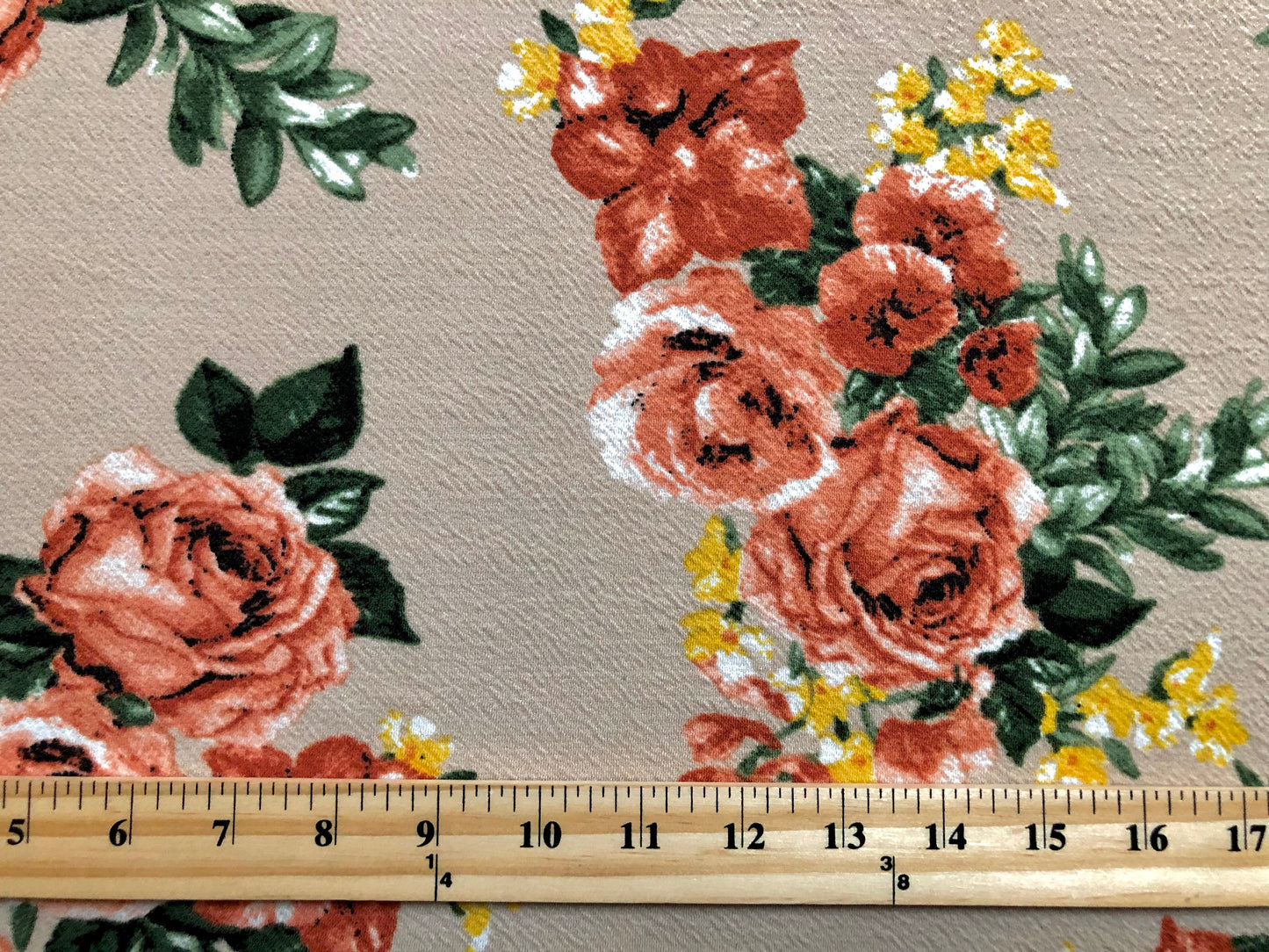 Liverpool Knit Printed Fabric-Beige Red Yellow Green Roses-LVPR274-Sold by the Yard-Apparel Fabric