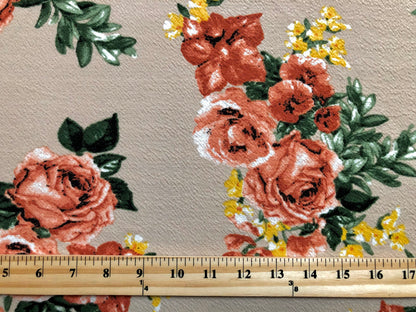 Liverpool Knit Printed Fabric-Beige Red Yellow Green Roses-LVPR274-Sold by the Yard-Apparel Fabric