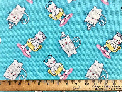 Bullet Knit Printed Fabric-Sky Blue Ivory Cats-BPR004-Sold by the Yard-Bulk Available