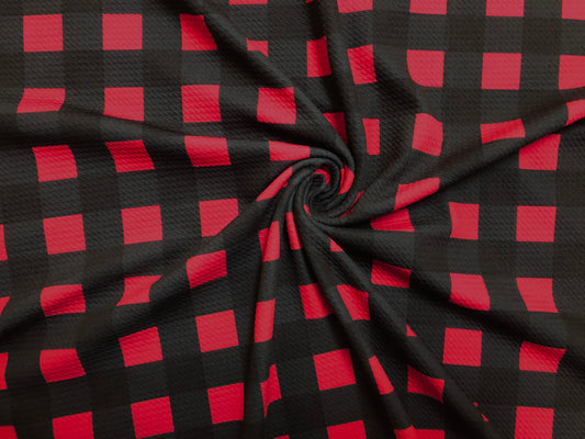Bullet Knit Printed Fabric-Black Charcoal Red Plaid-BDPr198-Sold by the Yard