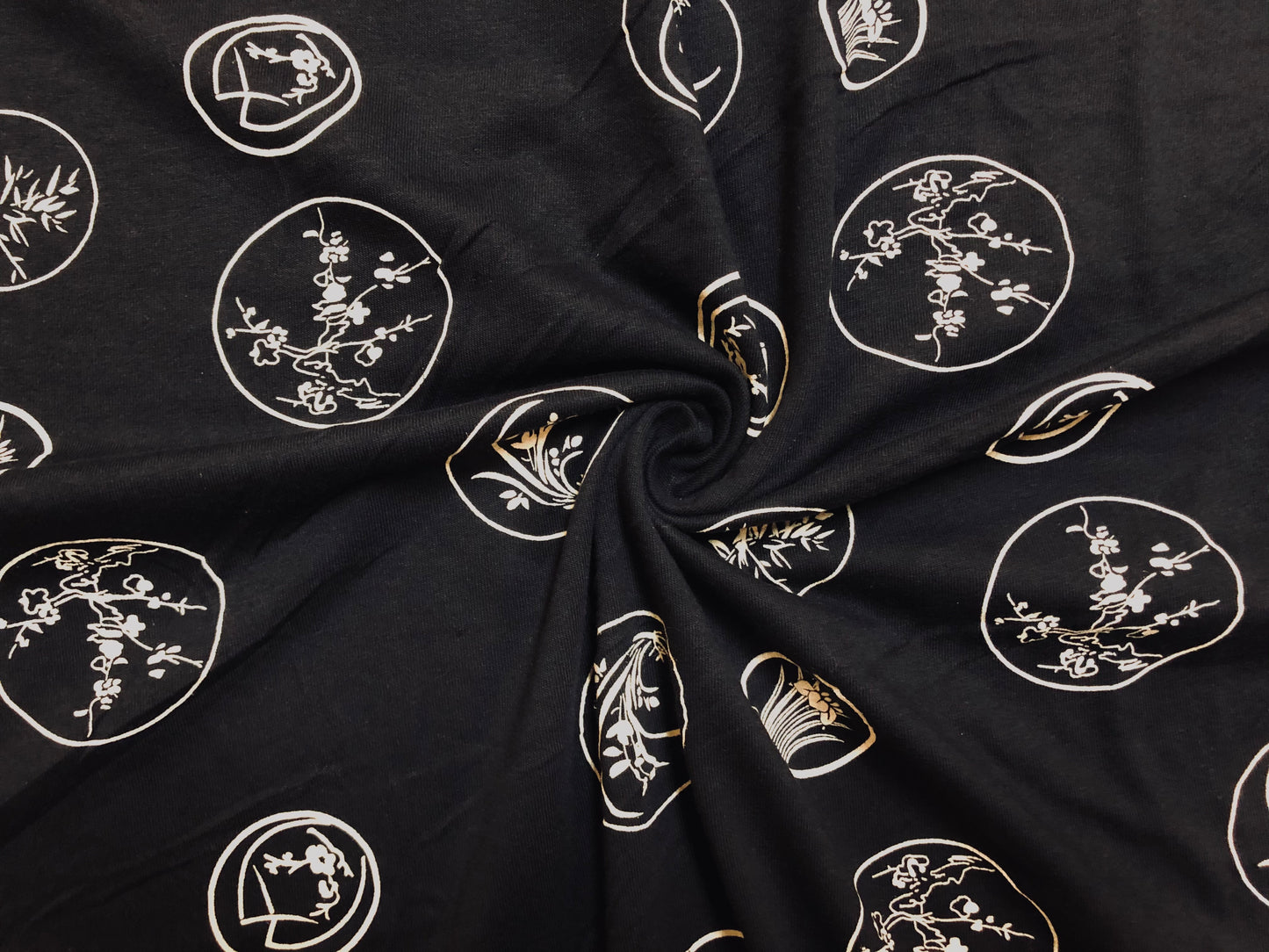 Black and Ivory Japanese Symbols Cotton Print Fabric