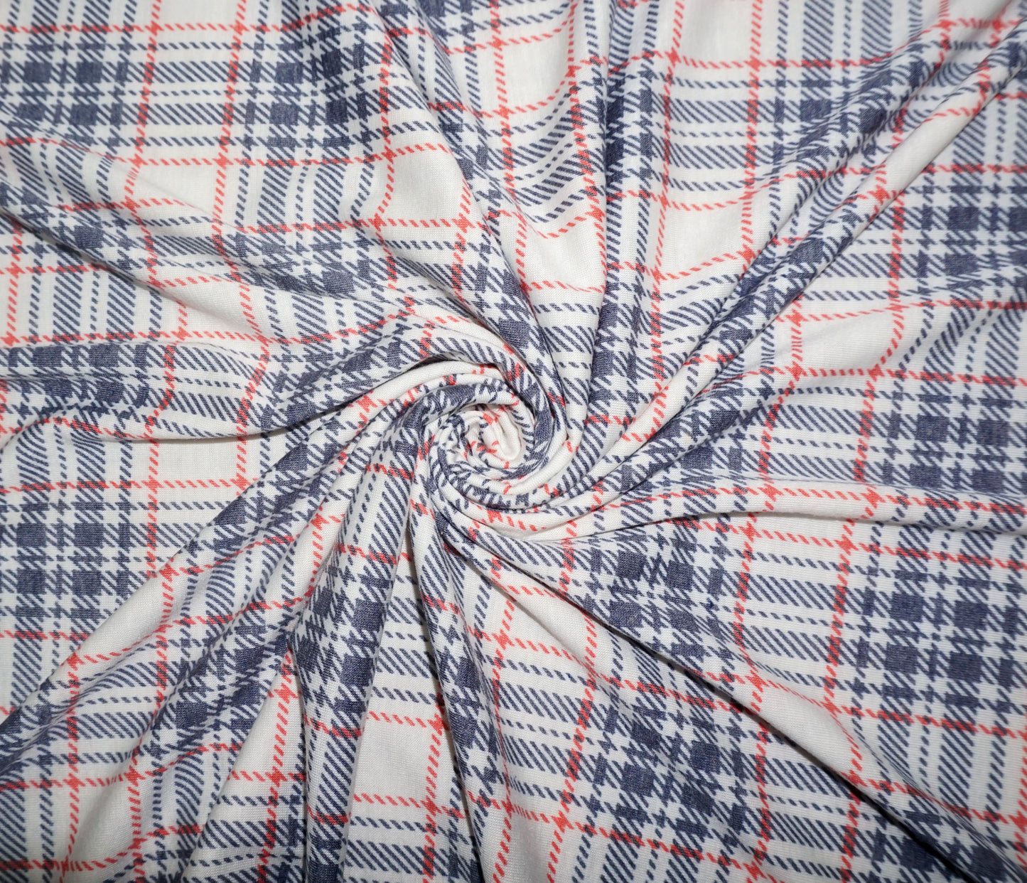 Ivory Coral Gray Plaid Poly Rayon Blend Print Fabric