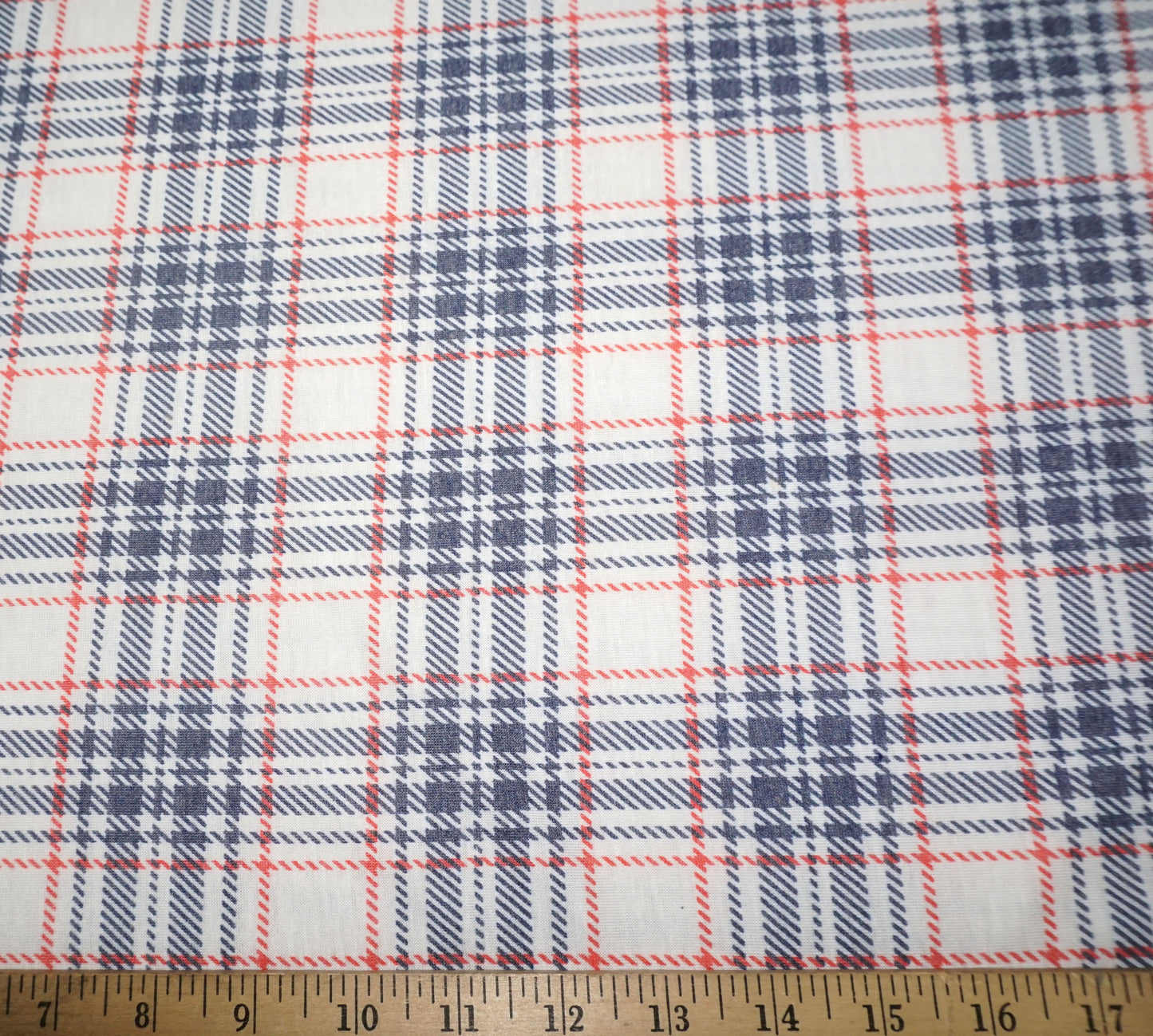 Ivory Coral Gray Plaid Poly Rayon Blend Print Fabric