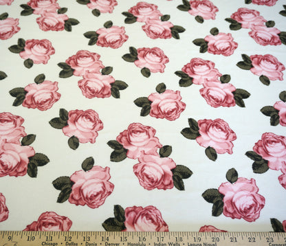 Ivory Pink Green Roses Liverpool Print Fabric