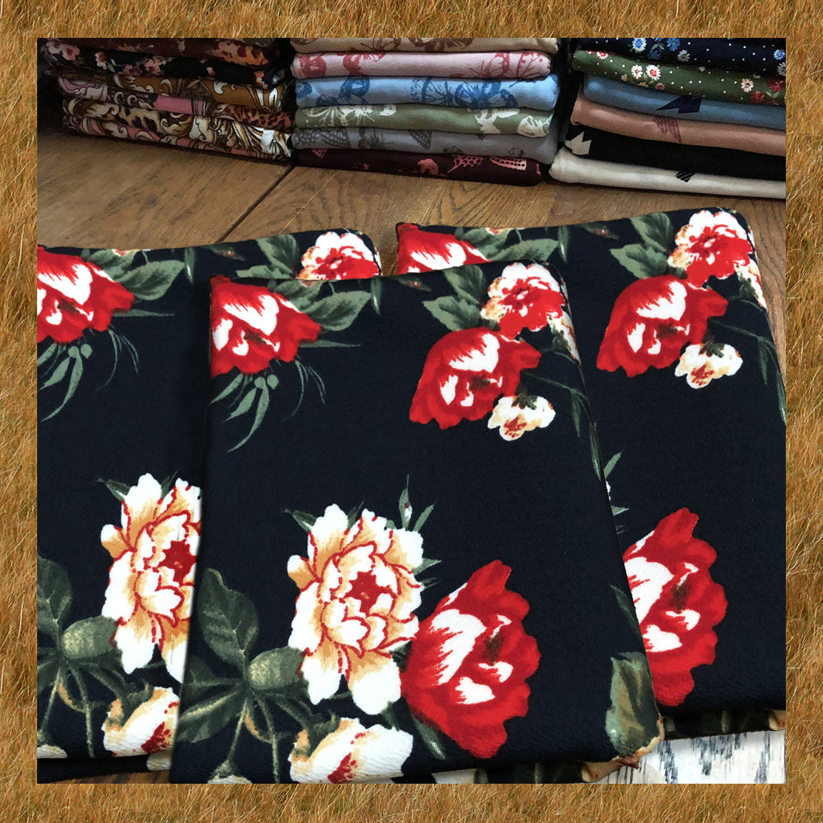 Navy Blue Red Mustard Ivory Flowers Liverpool Print Fabric