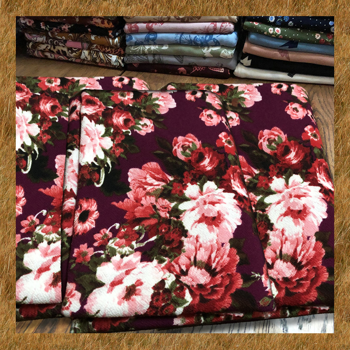 Burgundy Red White Olive Roses Liverpool Print Fabric
