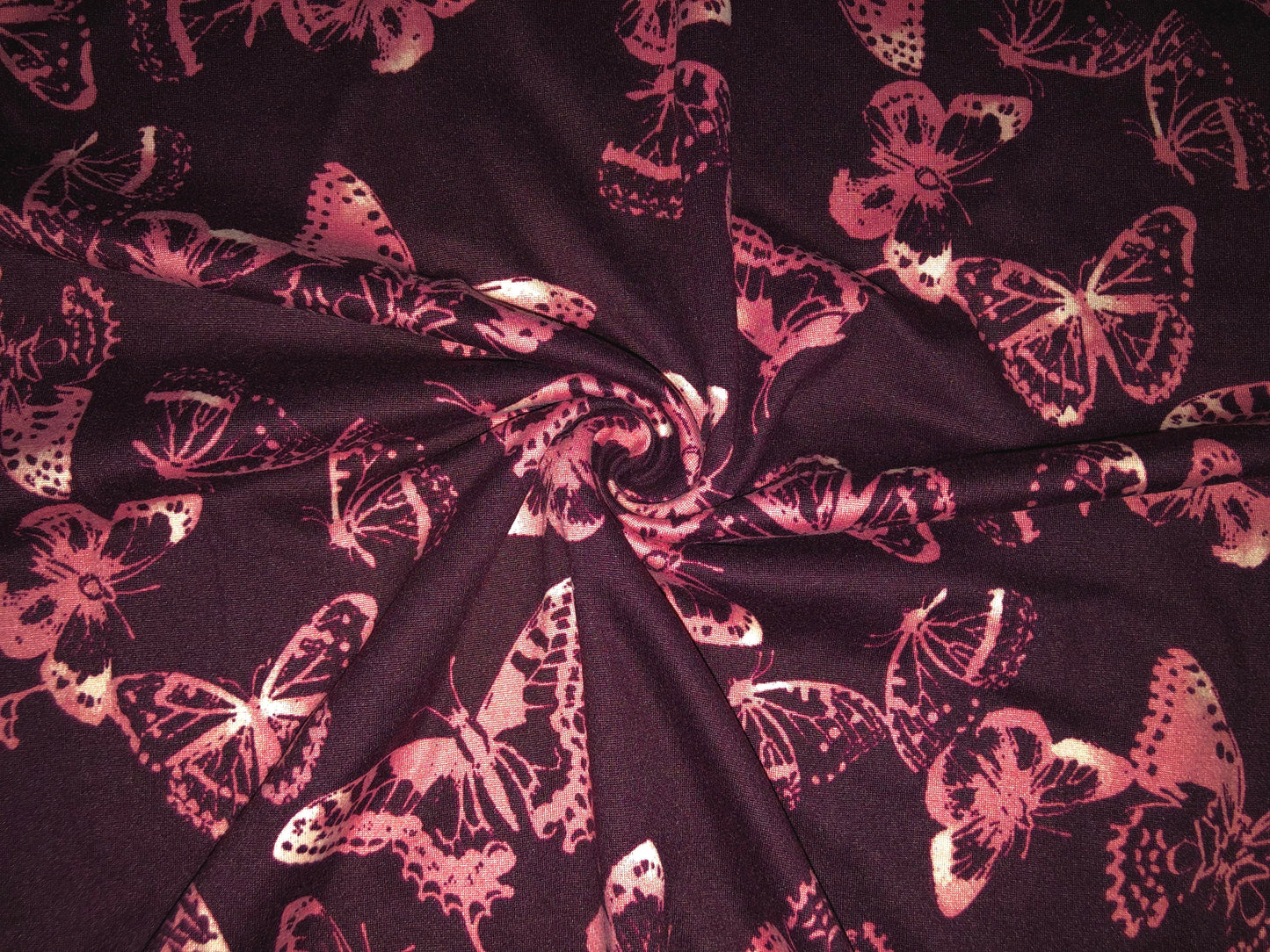 Burgundy Mauve Shadowed Monarch Butterflies DTY Double Brushed Jersey Print Fabric