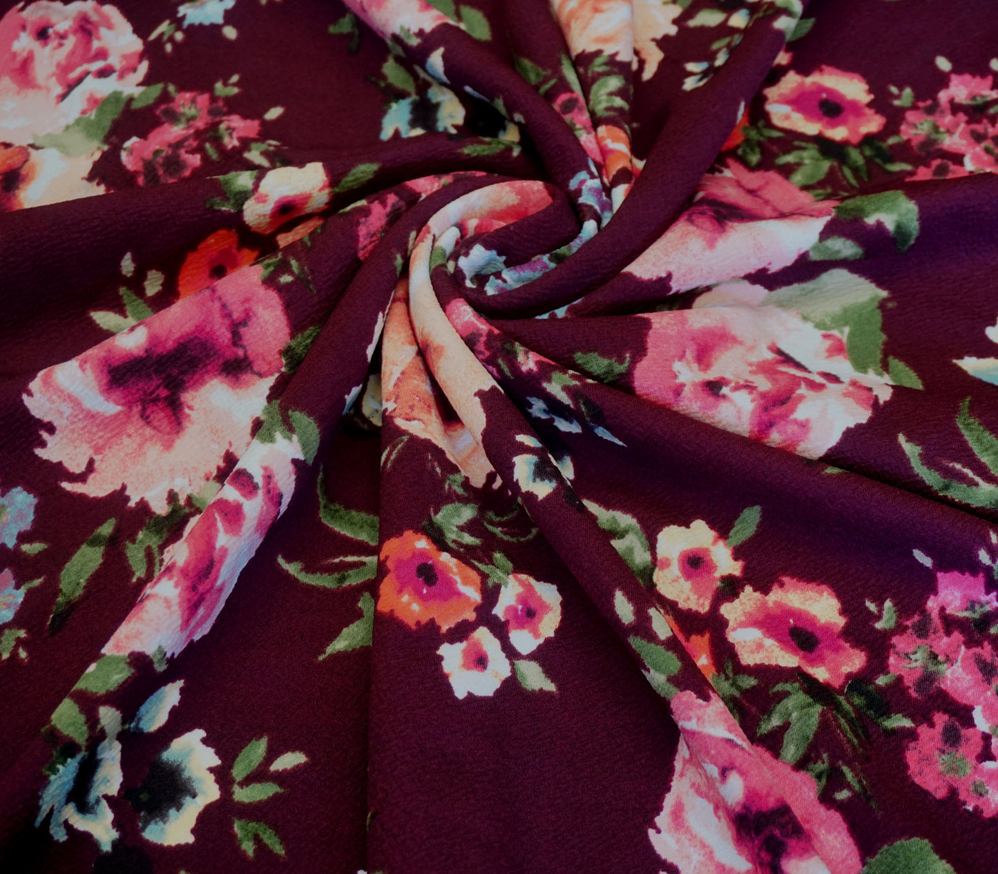 Liverpool Knit – Pink/Peach/Coral/Blue/Green on Maroon Floral – 4-Way Stretch, 56″ Wide, 200 GSM – Sold by the Yard (LVPR049)