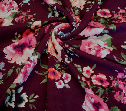 Liverpool Knit – Pink/Peach/Coral/Blue/Green on Maroon Floral – 4-Way Stretch, 56″ Wide, 200 GSM – Sold by the Yard (LVPR049)