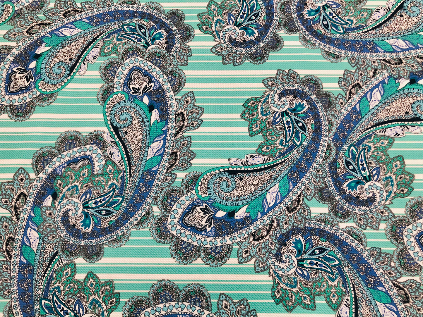 Bullet Knit Printed Fabric-Mint Stripes Indigo Ivory Paisleys-BPR237-Sold by the Yard