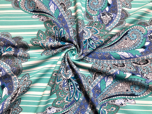 Bullet Knit Printed Fabric-Mint Stripes Indigo Ivory Paisleys-BPR237-Sold by the Yard