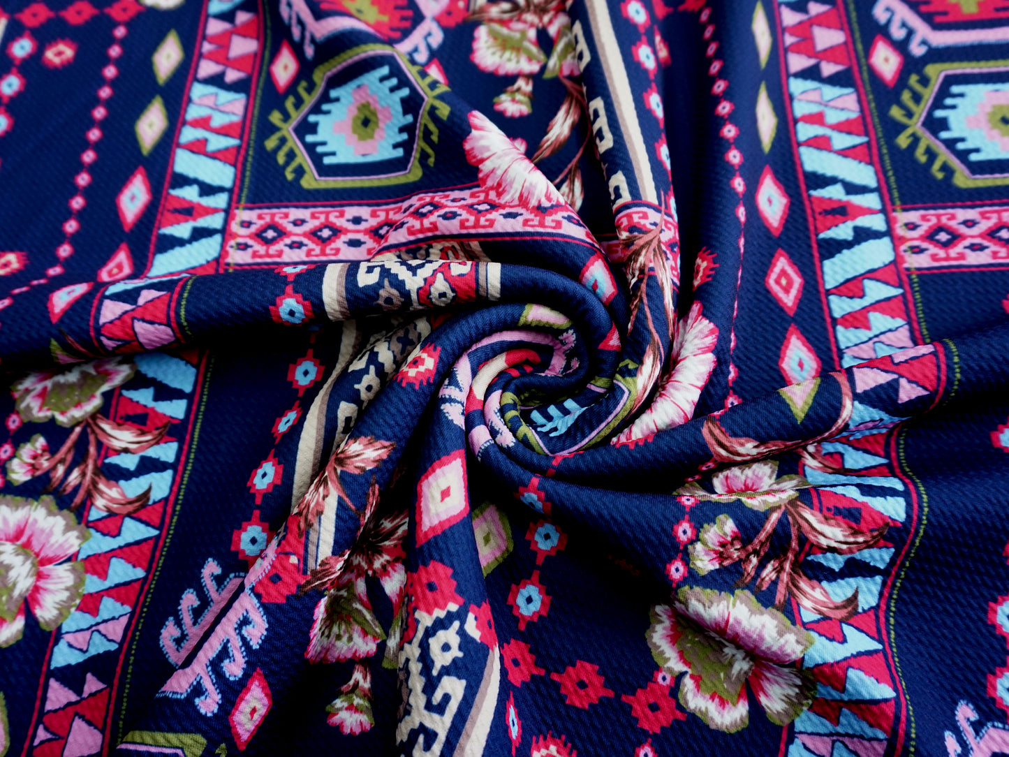 Bullet Knit Printed Fabric-Navy Blue Fuchsia Aztec-BPR051-Sold by the Yard
