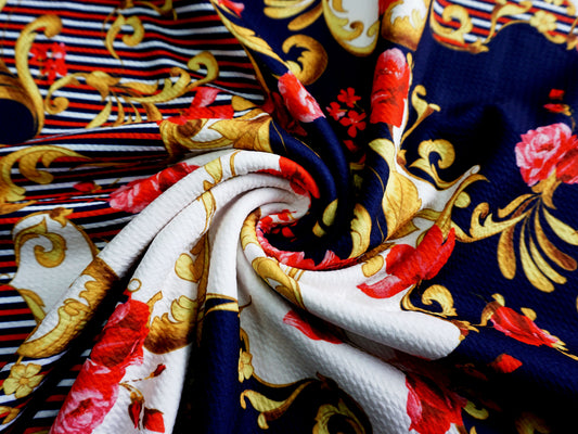 Bullet Knit Printed Fabric-Navy Blue White Gold Red Flowers-BPR083-Sold by the Yard