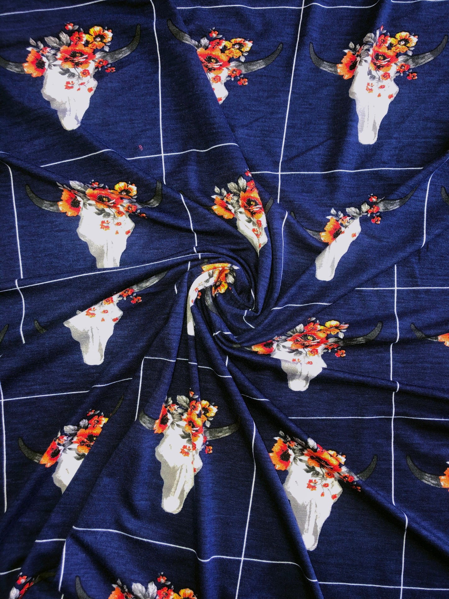 Navy Blue Orange Texan Flowers Rayon Spandex Print Fabric