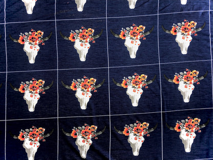 Navy Blue Orange Texan Flowers Rayon Spandex Print Fabric