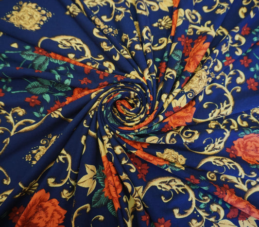 DTY Brushed Knit Fabric – Navy Gold Baroque Rose Scroll – Buttery Soft 4 Way Stretch, 58" Wide – By the Yard (DTYBPR081)