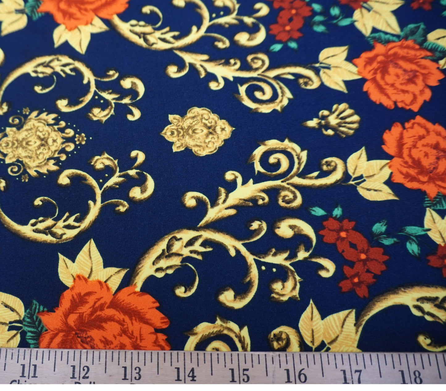 DTY Brushed Knit Fabric – Navy Gold Baroque Rose Scroll – Buttery Soft 4 Way Stretch, 58" Wide – By the Yard (DTYBPR081)