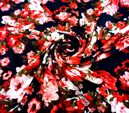 Navy Blue Pink Red Green Roses Liverpool Print Fabric