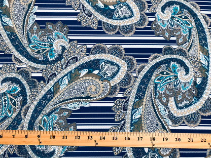 Bullet Knit Printed Fabric-Navy Blue Stripes Teal Gold Paisleys-BPR238-Sold by the Yard