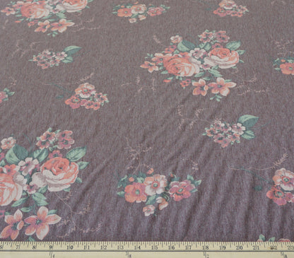 Mauve Purple Green Pink Roses Poly Rayon Blend Print Fabric