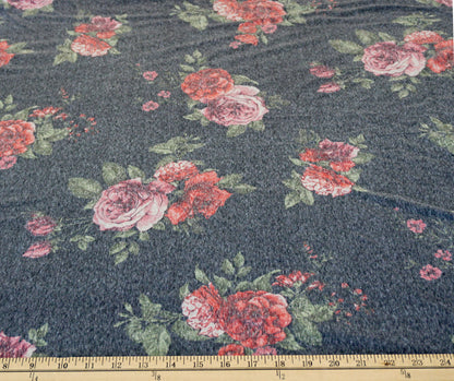 Gray Green Pink Red Roses Poly Rayon Blend Print Fabric