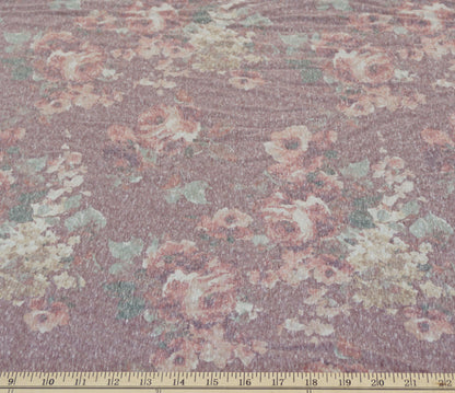 Mauve Pink Green Red Roses Poly Rayon Blend Print Fabric