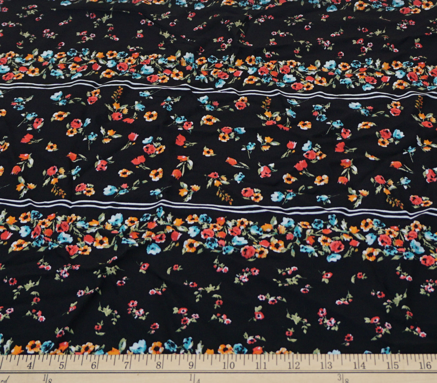 Black Red Orange Blue Flowers Rayon Challis Print Fabric