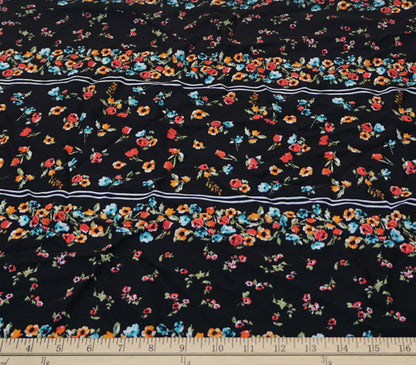 Black Red Orange Blue Flowers Rayon Challis Print Fabric