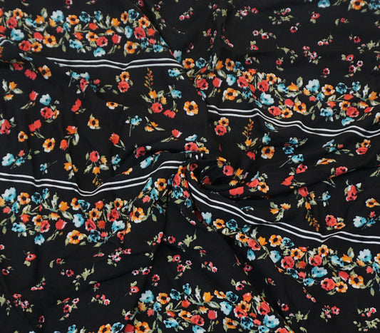 Black Red Orange Blue Flowers Rayon Challis Print Fabric