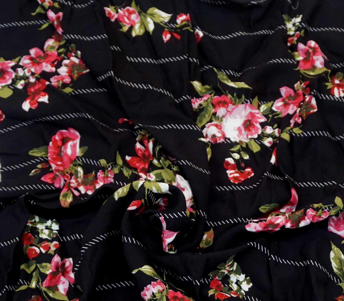 Black Rose Stripe Rayon Challis Fabric — 56″ Wide, No Stretch — Soft, Drapey Apparel by the Yard (RCHPR01)
