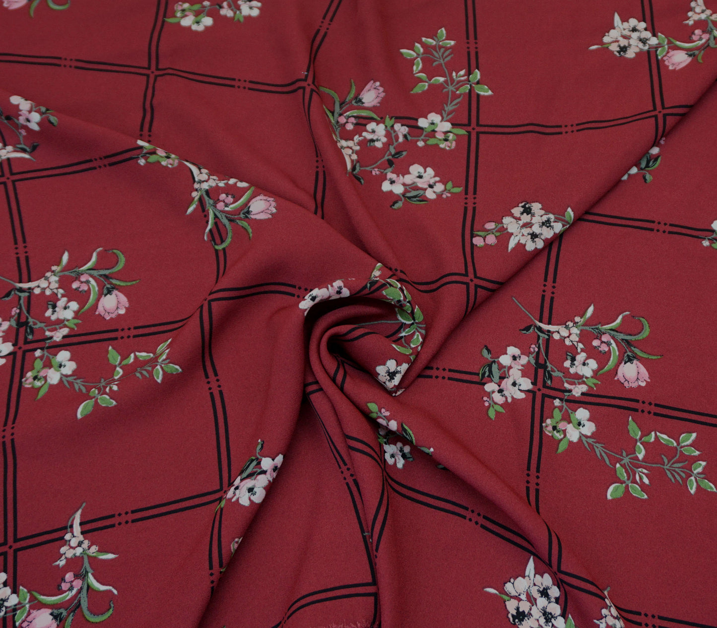 Burgundy Black Green Pink Flowers Rayon Challis Print Fabric